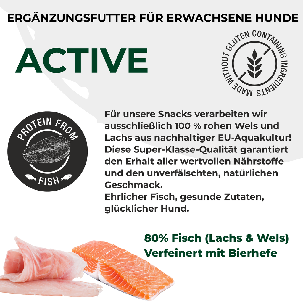 PETEFCO | ACTIVE BITES | 80% Fisch | 6x100g | Belohnung für Hunde