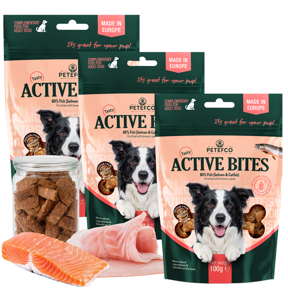 PETEFCO | ACTIVE BITES | 80% pește | 3x100g | recompense pentru câini