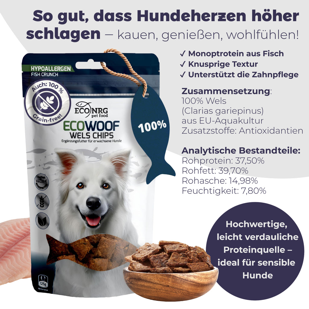 Chips aus Wels – TRIO | Pur, Kürbis & Bierhefe | 6x125g | Belohnung für Hunde