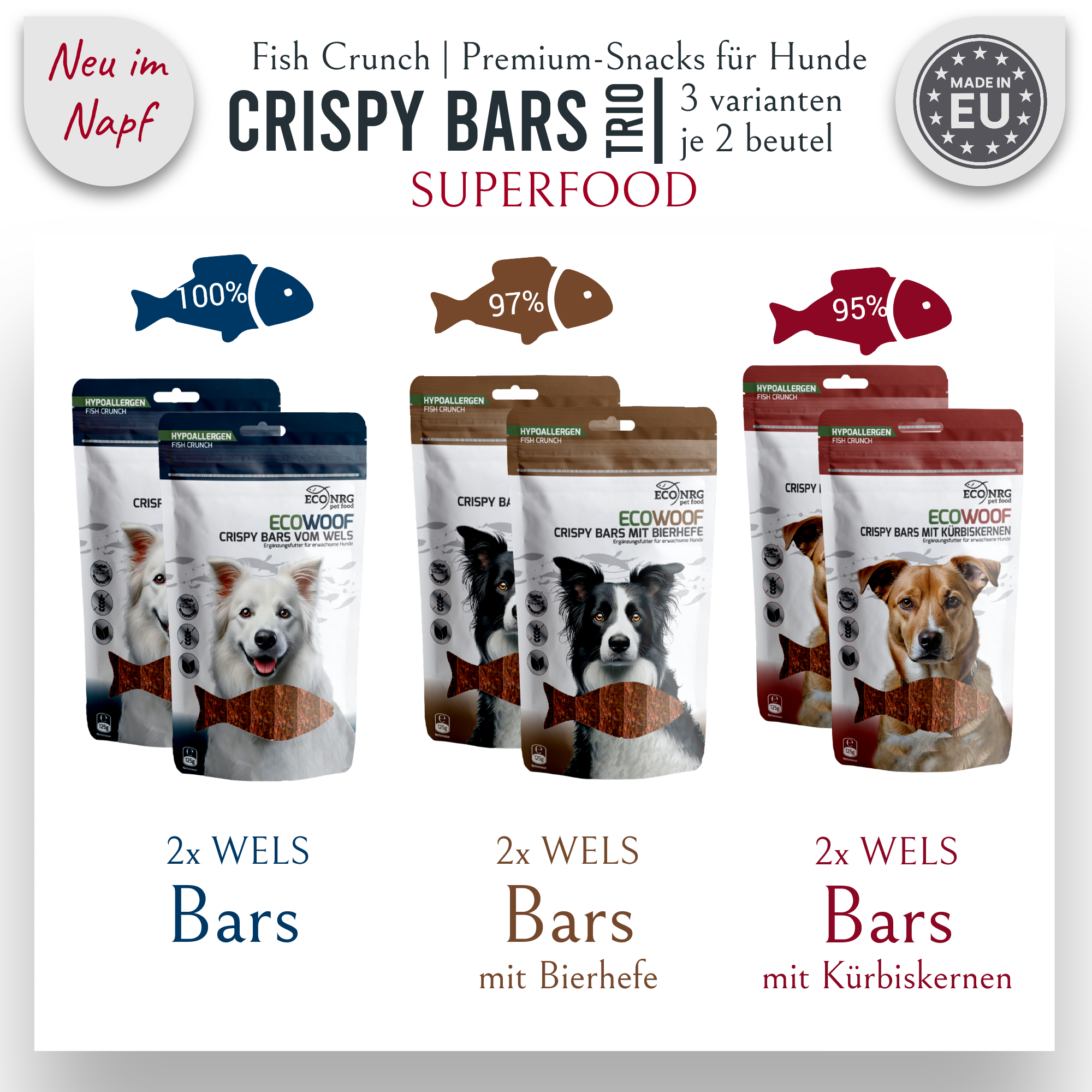 Crispy Bars din somn – TRIO | Simplu, Dovleac & Drojdie de bere | 6x125g | recompensa pentru caini
