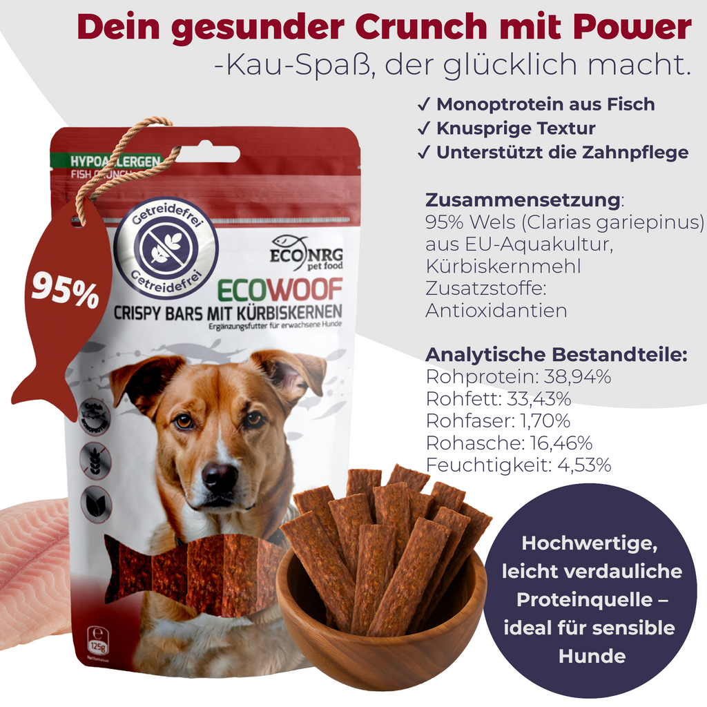 Crispy Bars aus Wels – TRIO | Pur, Kürbis & Bierhefe | 6x125g | Belohnung für Hunde