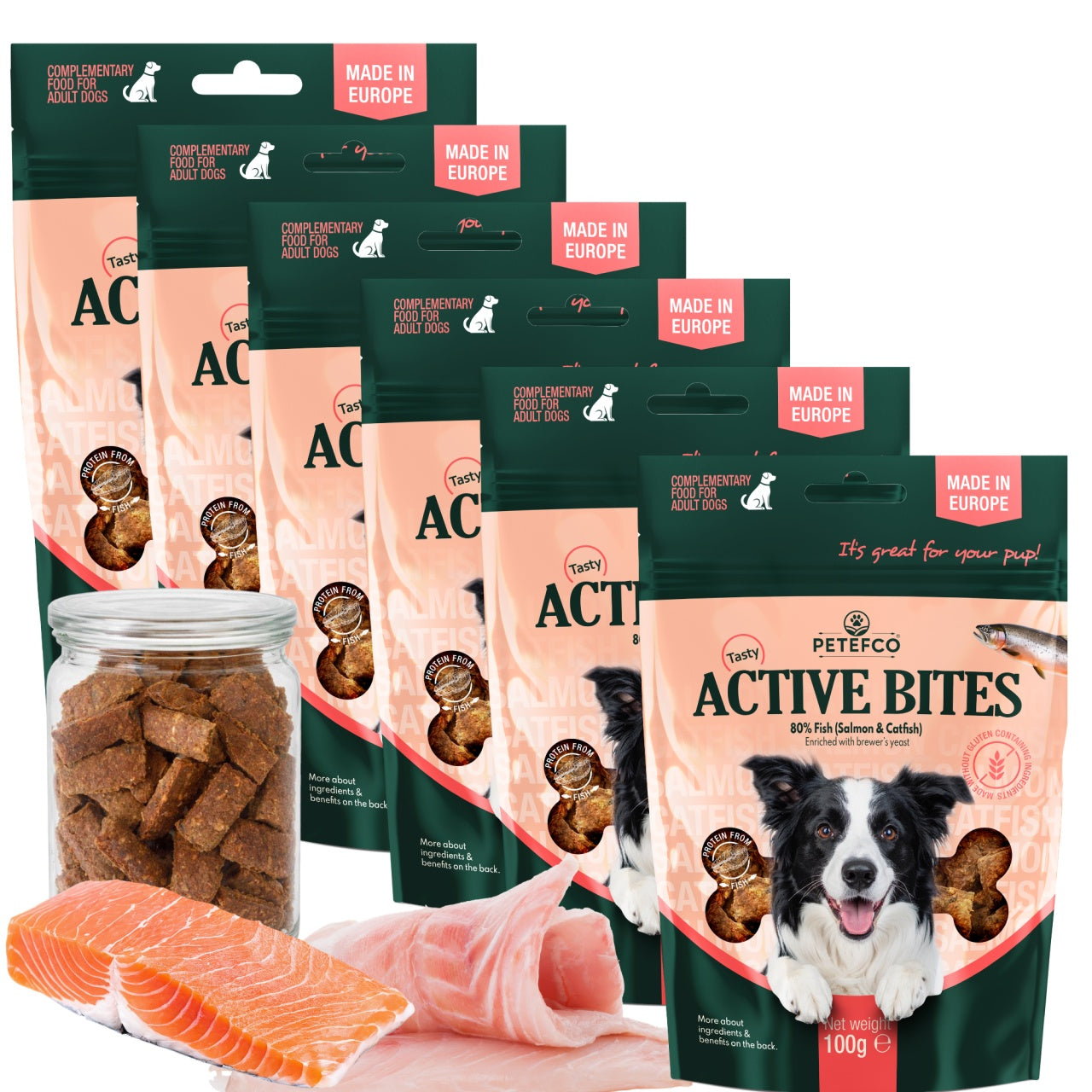 PETEFCO | ACTIVE BITES | 80% Fish | 6x100g | recompensa pentru caini