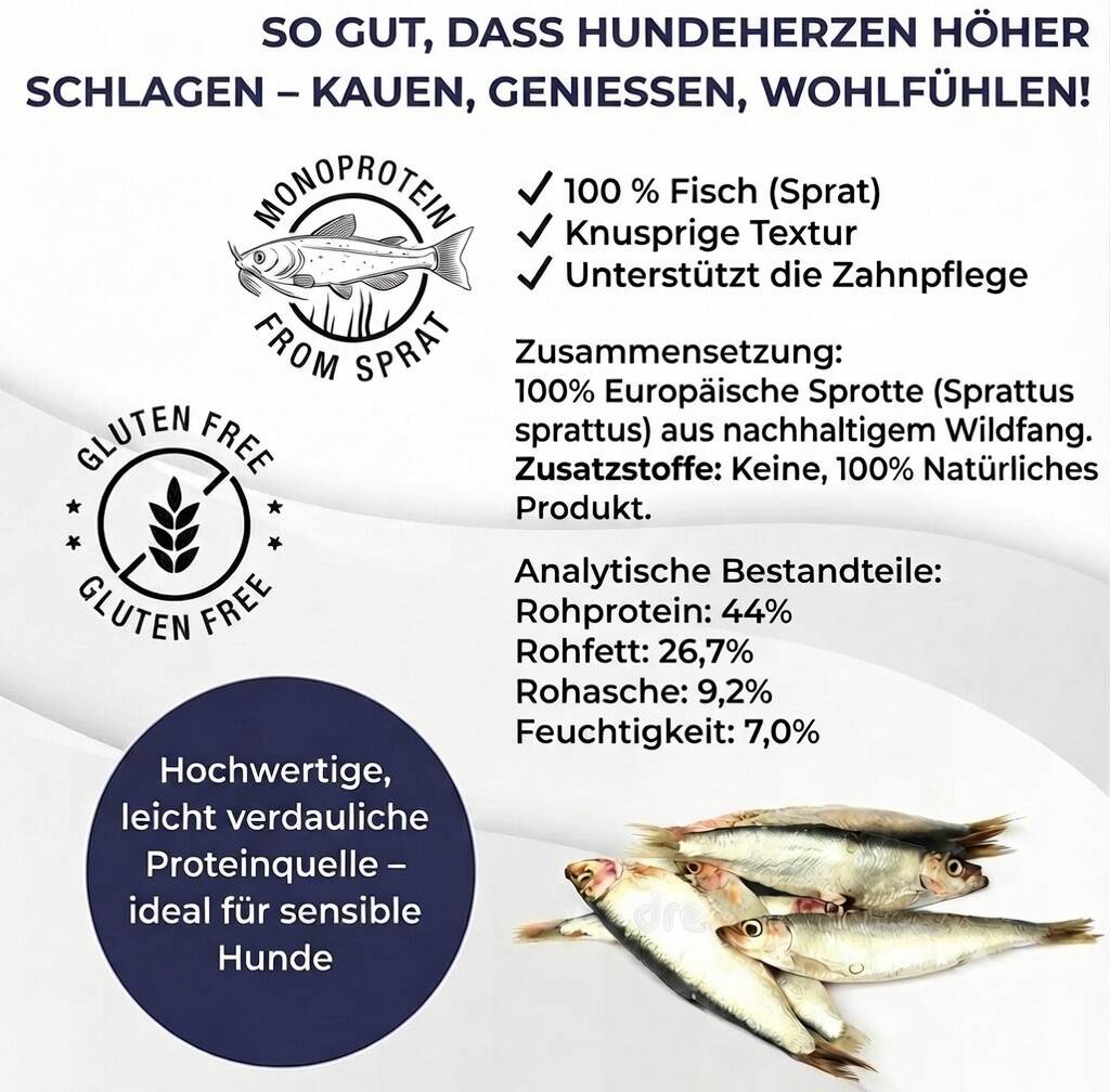 Composition et constituants analytiques du sprat séché, monoprotéine, sans gluten